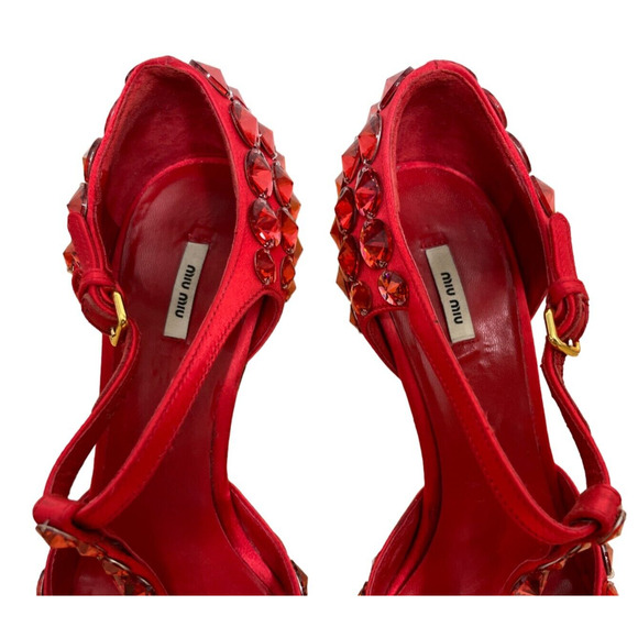 Miu Miu Prada Heels D'Orsay T Strap Jeweled Stiletto Peep Toe Silk Red 36.5 6.5 - Picture 7 of 11